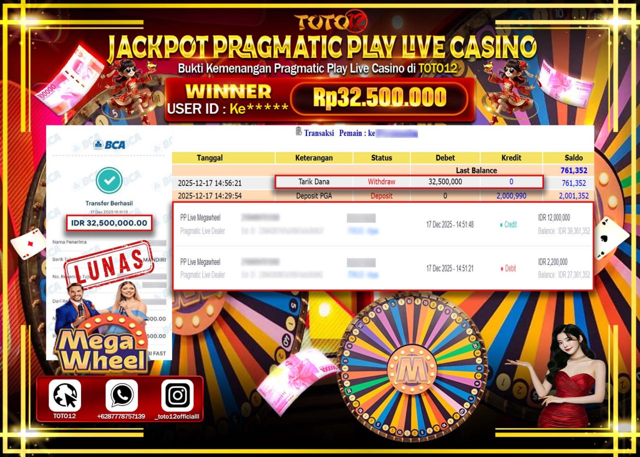 HANYA DI TOTO12 JP PASTI DI BAYAR LUNAS DAN CEPAT!!!!!! JACKPOT PRAGMATIC PLAY LIVE CASINO (MEGA WHEEL) Rp.32.500.000 !!!!