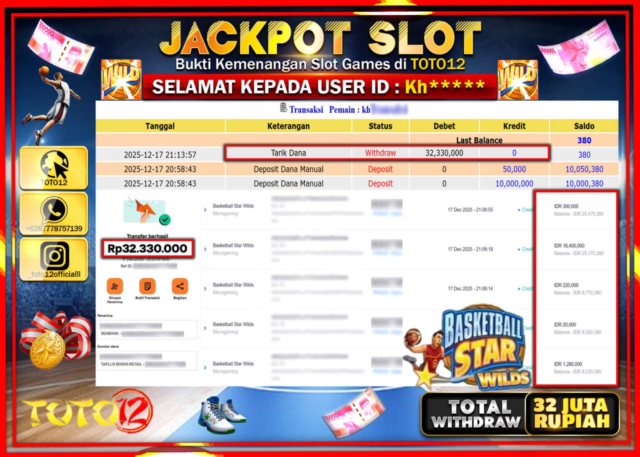 HANYA DI TOTO12 JP PASTI DI BAYAR LUNAS DAN CEPAT!!!!!! JACKPOT SLOT GAME (BASKETBALL STAR WILDS) Rp.32.330.000 !!!!