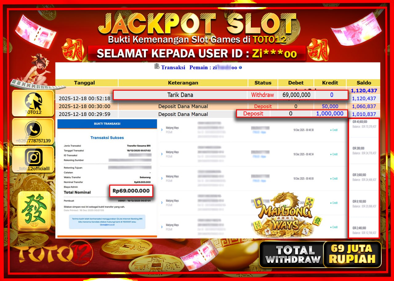 HANYA DI TOTO12 JP PASTI DI BAYAR LUNAS DAN CEPAT!!!!!! JACKPOT SLOT GAME (MAHJONG WAYS) Rp.69.000.000 !!!!