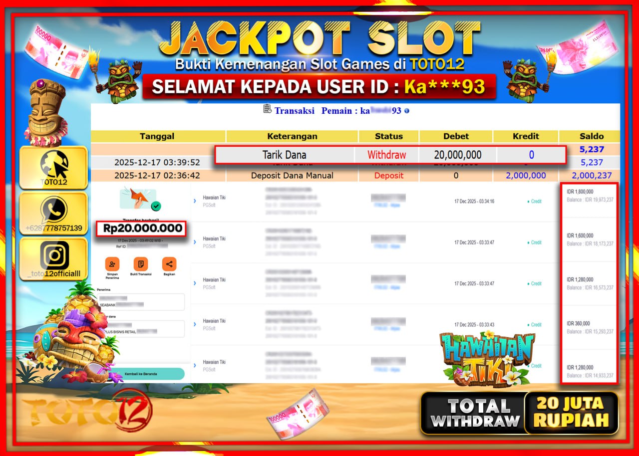 HANYA DI TOTO12 JP PASTI DI BAYAR LUNAS DAN CEPAT!!!!!! JACKPOT SLOT GAME (HAWAIIAN TIKI) Rp.20.000.000 !!!!