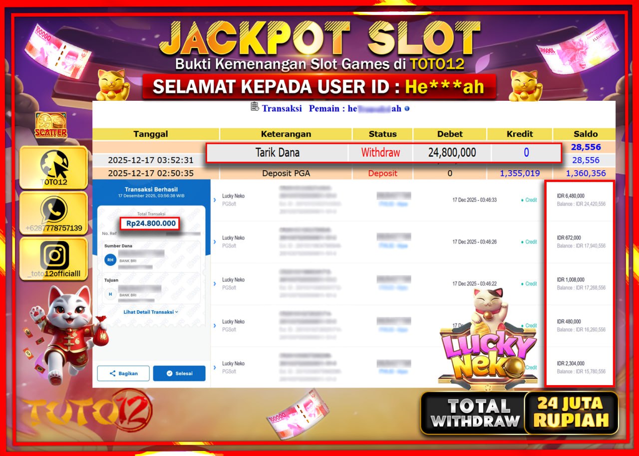 HANYA DI TOTO12 JP PASTI DI BAYAR LUNAS DAN CEPAT!!!!!! JACKPOT SLOT GAME (LUCKY NEKO) Rp.24.800.000 !!!!