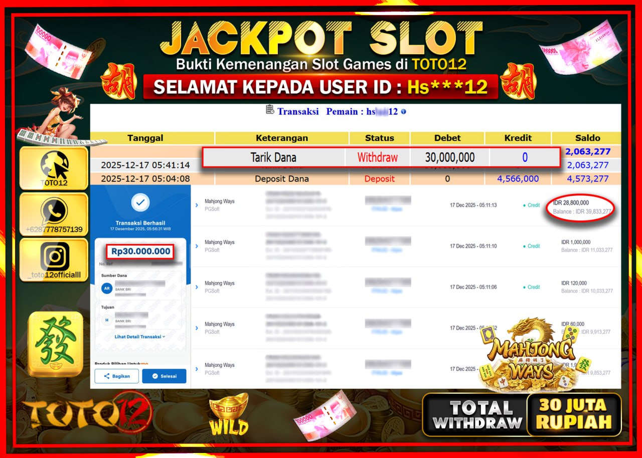 HANYA DI TOTO12 JP PASTI DI BAYAR LUNAS DAN CEPAT!!!!!! JACKPOT SLOT GAME (MAHJONG WAYS) Rp.30.000.000 !!!!