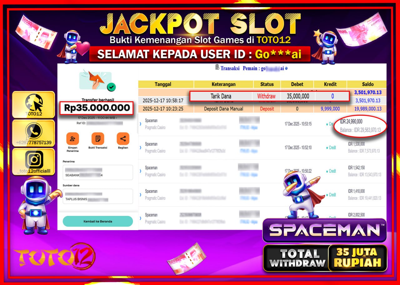 HANYA DI TOTO12 JP PASTI DI BAYAR LUNAS DAN CEPAT!!!!!! JACKPOT SLOT GAME (SPACEMAN) Rp.35.000.000 !!!!