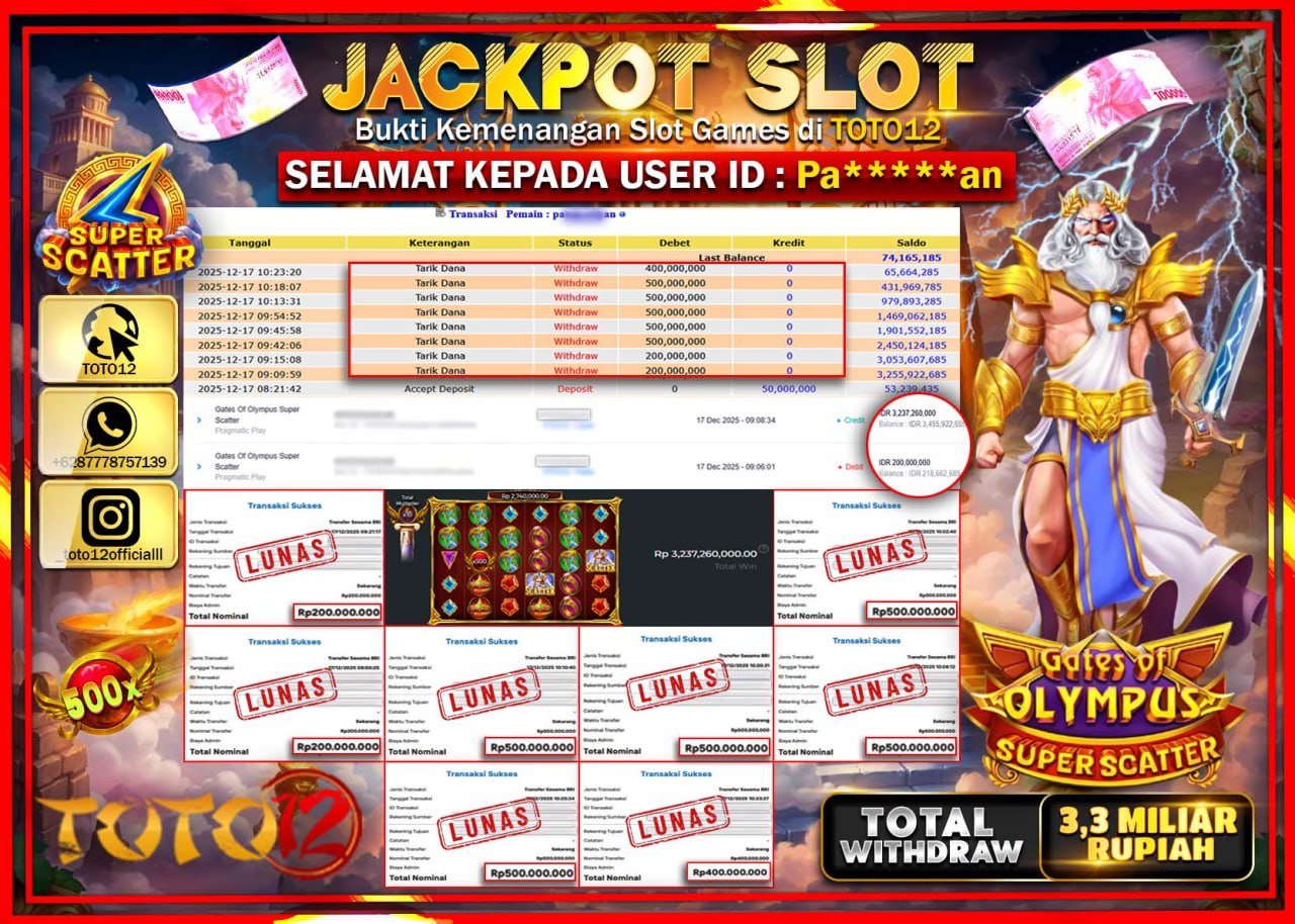HANYA DI TOTO12 JP PASTI DI BAYAR LUNAS DAN CEPAT!!!!!! JACKPOT SLOT GAME (GATES OF OLYMPUS SUPER SCATTER) Rp.3.300.000.000 !!!!