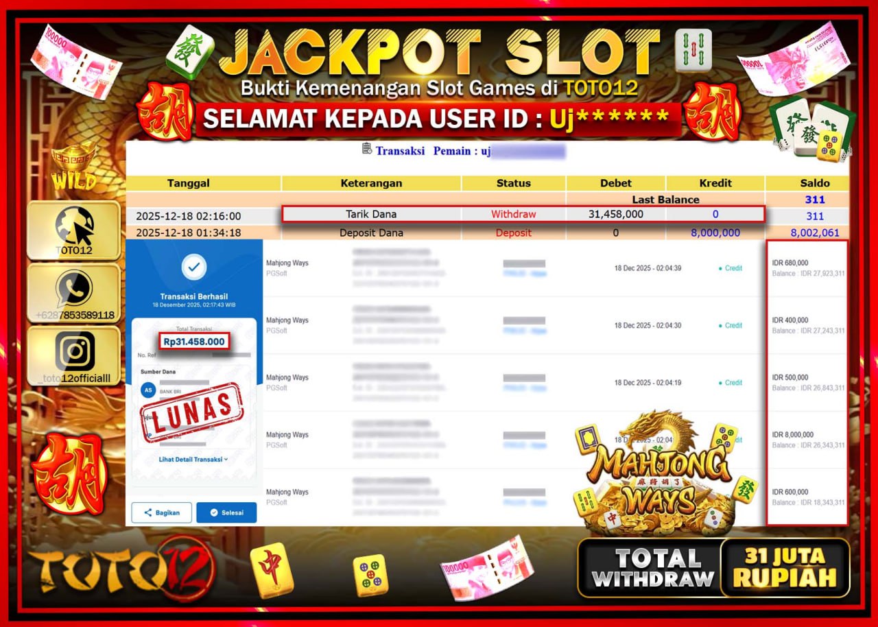 HANYA DI TOTO12 JP PASTI DI BAYAR LUNAS DAN CEPAT!!!!!! JACKPOT SLOT GAME (MAHJONG WAYS) Rp.31.458.000 !!!!