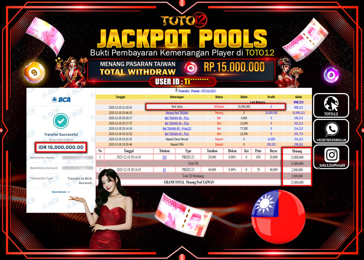 HANYA DI TOTO12 JP PASTI DI BAYAR LUNAS DAN CEPAT!!!!!! JACKPOT POOLS PASARAN (TAIWAN) Rp.15.000.000 !!!!