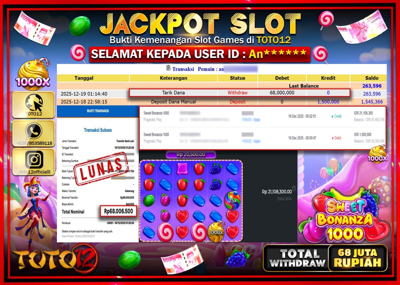 HANYA DI TOTO12 JP PASTI DI BAYAR LUNAS DAN CEPAT!!!!!! JACKPOT SLOT GAME (SWEET BONANZA 1000) Rp.68.000.000 !!!!