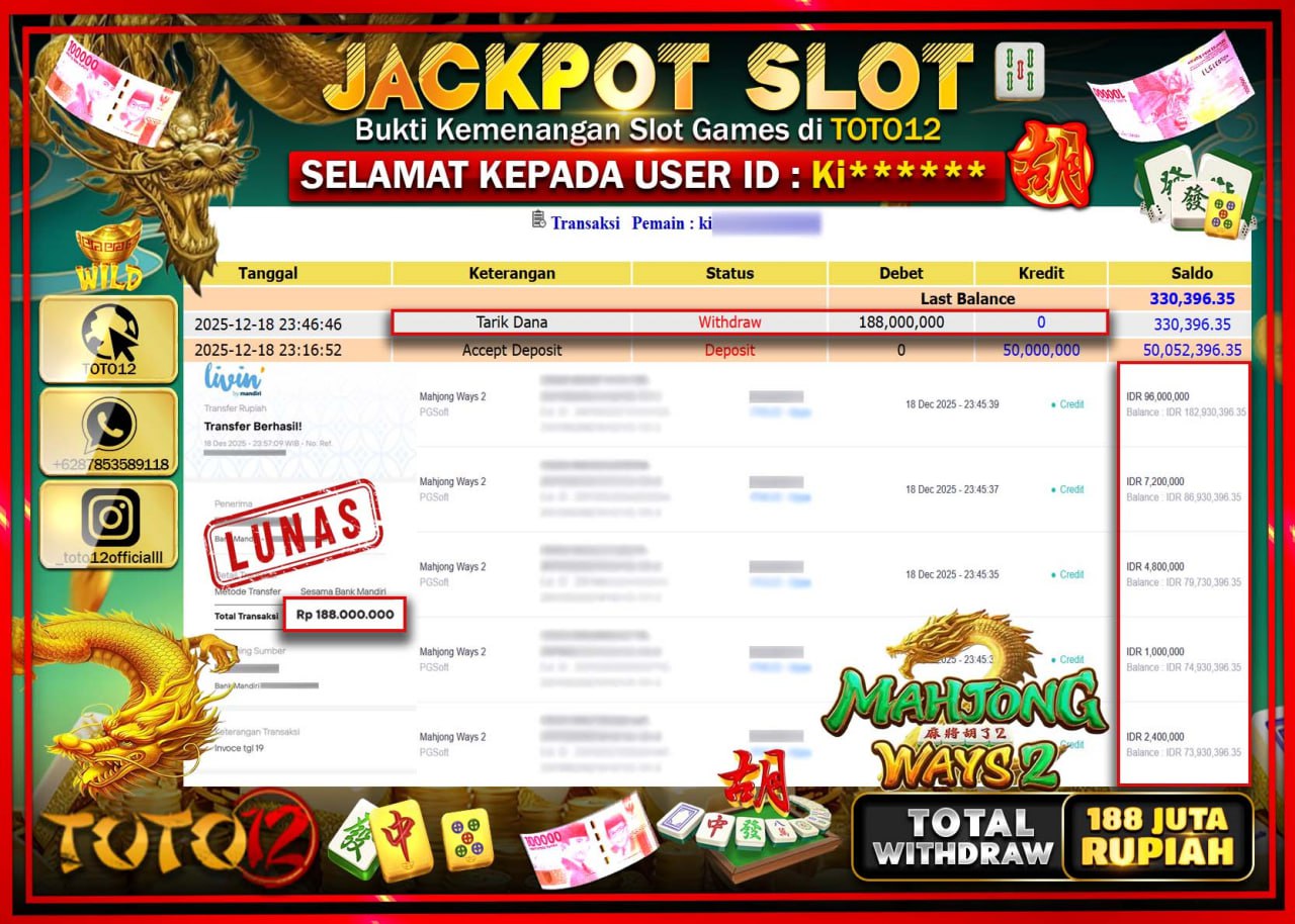 HANYA DI TOTO12 JP PASTI DI BAYAR LUNAS DAN CEPAT!!!!!! JACKPOT SLOT GAME (MAHJONG WAYS 2) Rp.188.000.000 !!!!