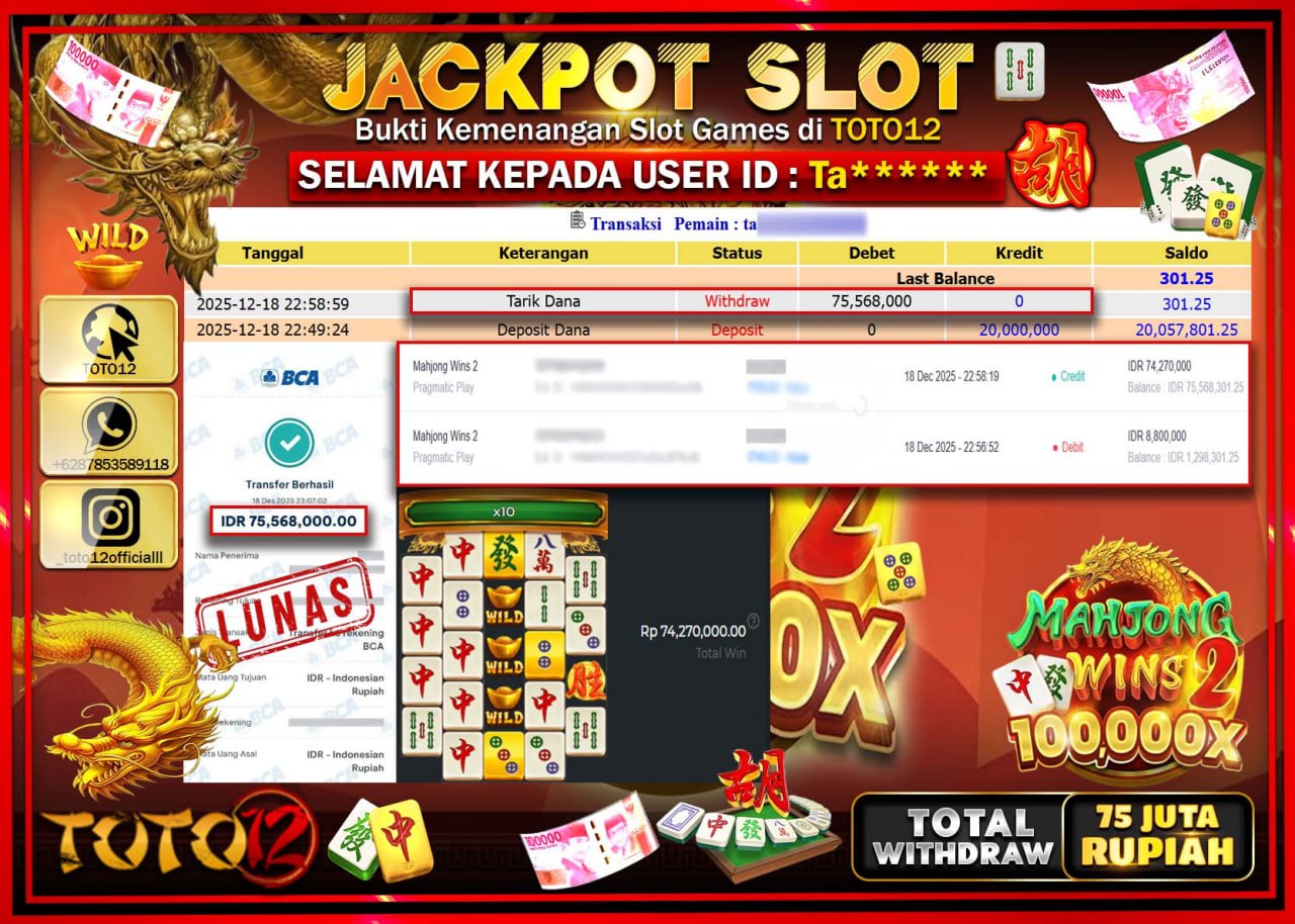 HANYA DI TOTO12 JP PASTI DI BAYAR LUNAS DAN CEPAT!!!!!! JACKPOT SLOT GAME (MAHJONG WINS 2) Rp.75.569.000 !!!!