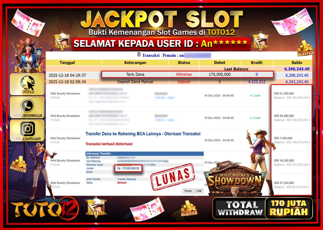 HANYA DI TOTO12 JP PASTI DI BAYAR LUNAS DAN CEPAT!!!!!! JACKPOT SLOT GAME (WILD BOUNTY SHOWDOWN) Rp.170.000.000 !!!!