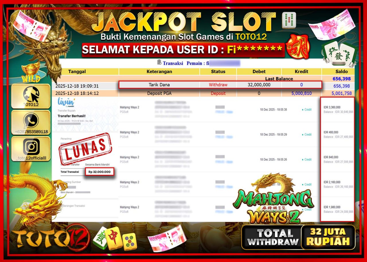 HANYA DI TOTO12 JP PASTI DI BAYAR LUNAS DAN CEPAT!!!!!! JACKPOT SLOT GAME (MAHJONG WAYS 2) Rp.32.000.000 !!!!