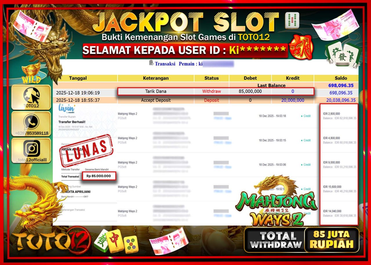 HANYA DI TOTO12 JP PASTI DI BAYAR LUNAS DAN CEPAT!!!!!! JACKPOT SLOT GAME (MAHJONG WAYS 2) Rp.85.000.000 !!!!