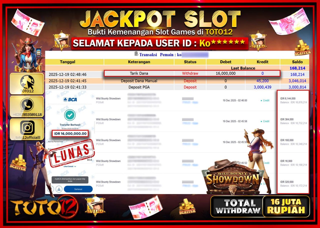 HANYA DI TOTO12 JP PASTI DI BAYAR LUNAS DAN CEPAT!!!!!! JACKPOT SLOT GAME (WILD BOUNTY SHOWDOWN) Rp.16.000.000 !!!!