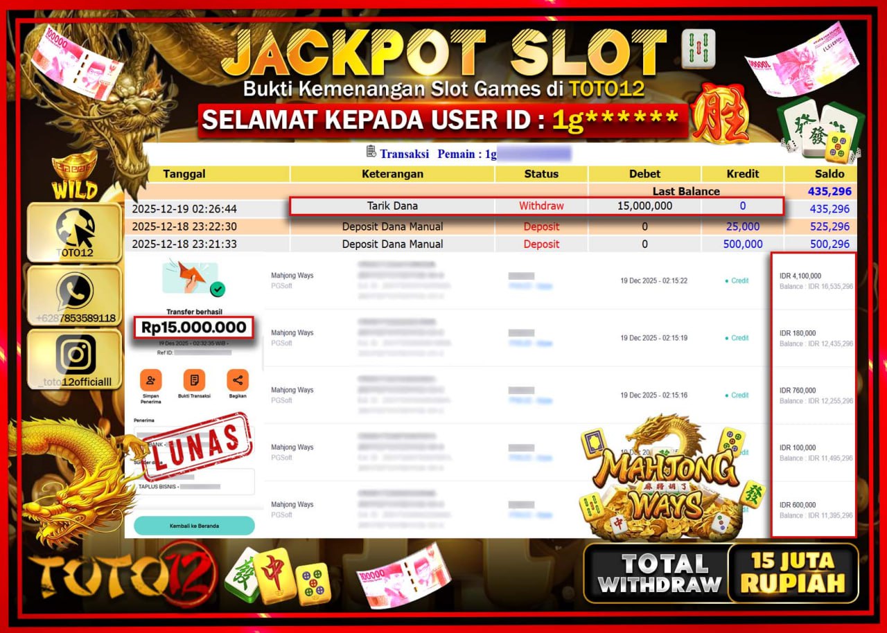 HANYA DI TOTO12 JP PASTI DI BAYAR LUNAS DAN CEPAT!!!!!! JACKPOT SLOT GAME (MAHJONG WAYS) Rp.15.000.000 !!!!