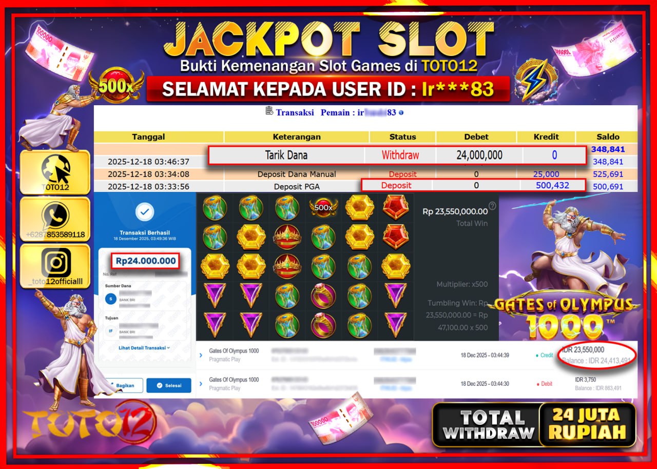 HANYA DI TOTO12 JP PASTI DI BAYAR LUNAS DAN CEPAT!!!!!! JACKPOT SLOT GAME (GATES OF OLYMPUS 1000) Rp.24.000.000 !!!!