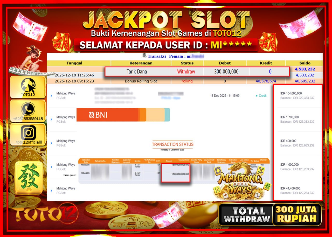 HANYA DI TOTO12 JP PASTI DI BAYAR LUNAS DAN CEPAT!!!!!! JACKPOT SLOT GAME (MAHJONG WAYS) Rp.300.000.000 !!!!