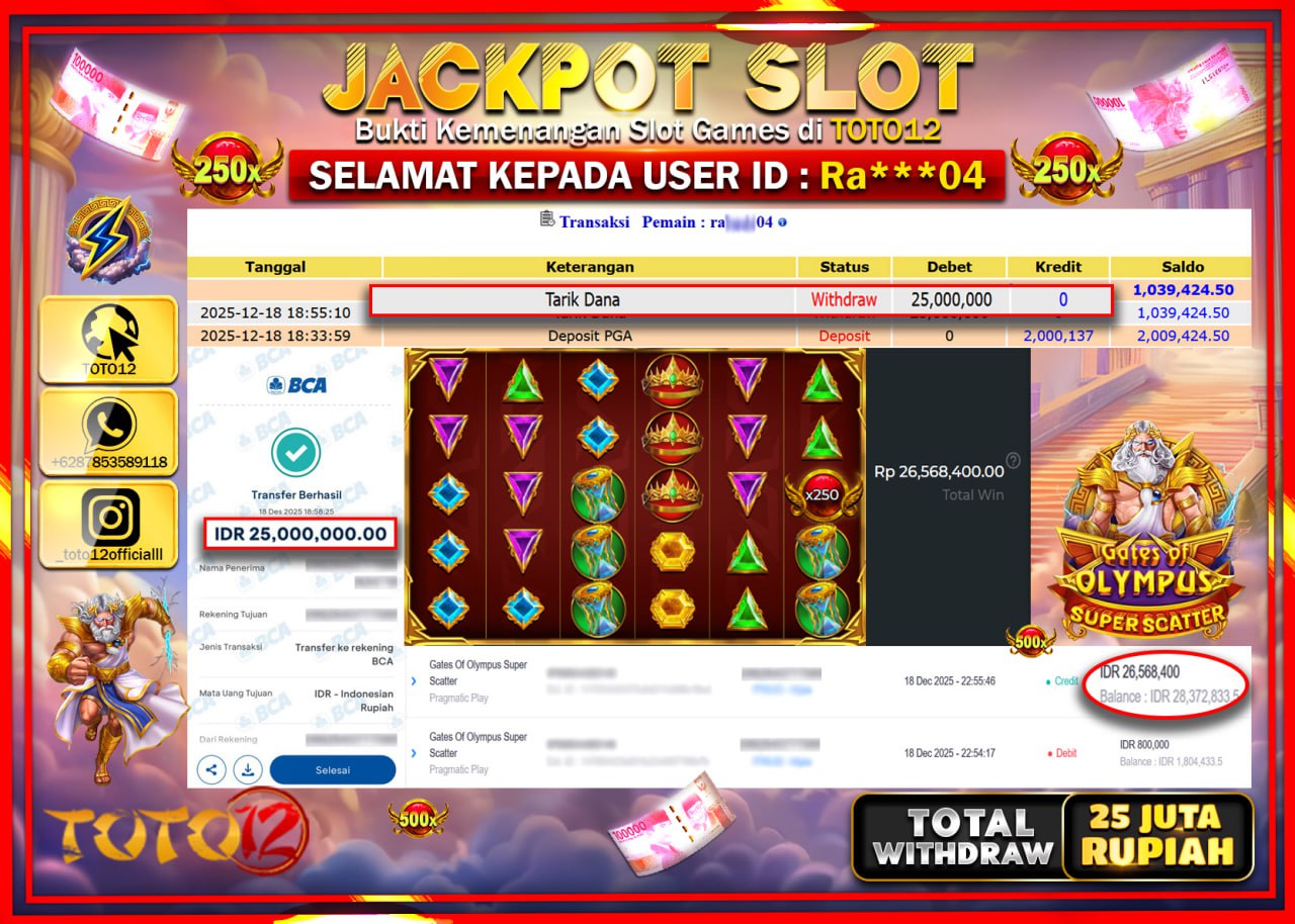 HANYA DI TOTO12 JP PASTI DI BAYAR LUNAS DAN CEPAT!!!!!! JACKPOT SLOT GAME (GATES OF OLYMPUS SUPER SACTTER) Rp.25.000.000 !!!!