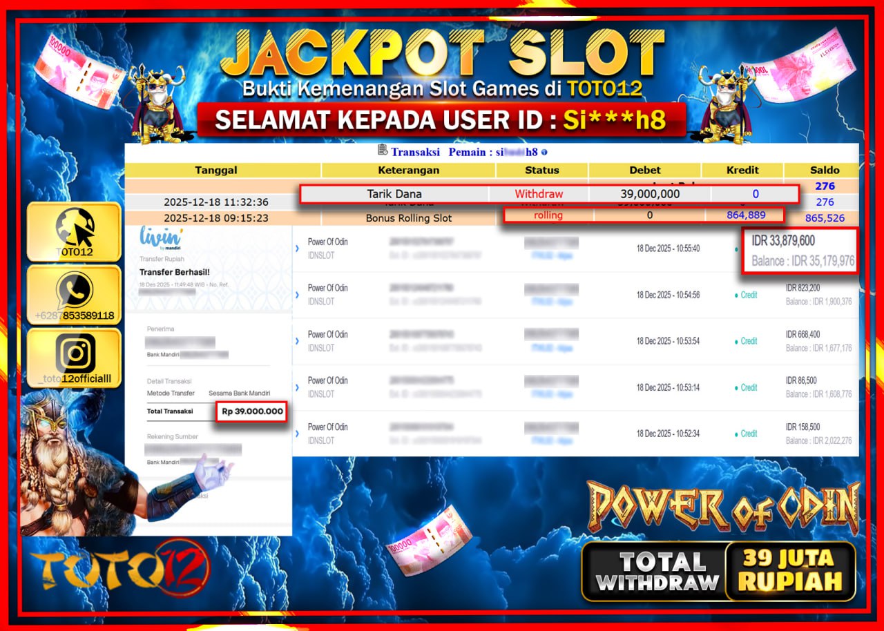 HANYA DI TOTO12 JP PASTI DI BAYAR LUNAS DAN CEPAT!!!!!! JACKPOT SLOT GAME (POWER OF ODIN) Rp.39.000.000 !!!!