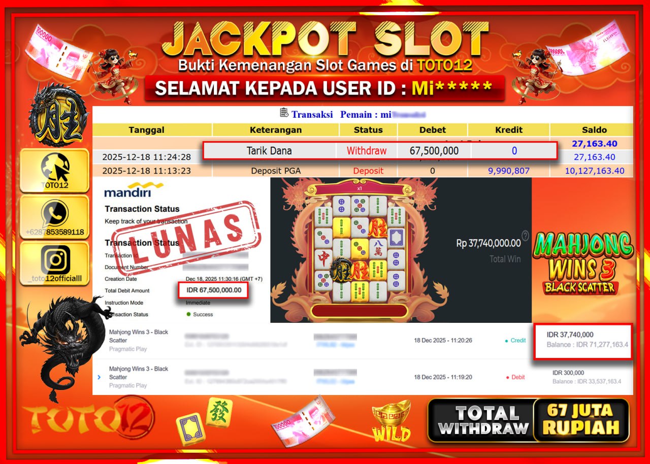 HANYA DI TOTO12 JP PASTI DI BAYAR LUNAS DAN CEPAT!!!!!! JACKPOT SLOT GAME (MAHJONG WINS 3 BLACK SCATTER) Rp.67.500.000 !!!!