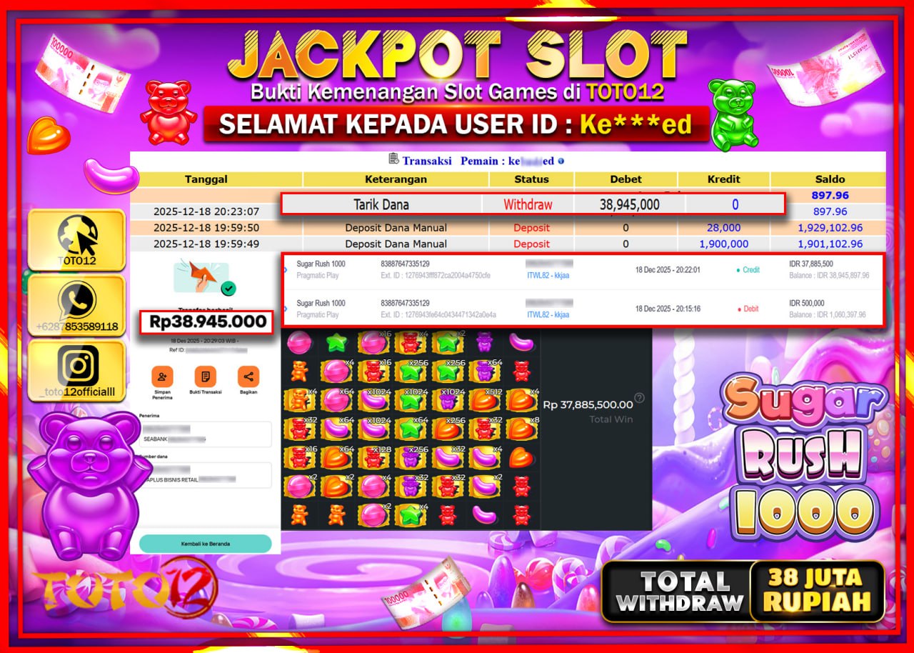 HANYA DI TOTO12 JP PASTI DI BAYAR LUNAS DAN CEPAT!!!!!! JACKPOT SLOT GAME (SUGAR RUSH 1000) Rp.38.945.000 !!!!