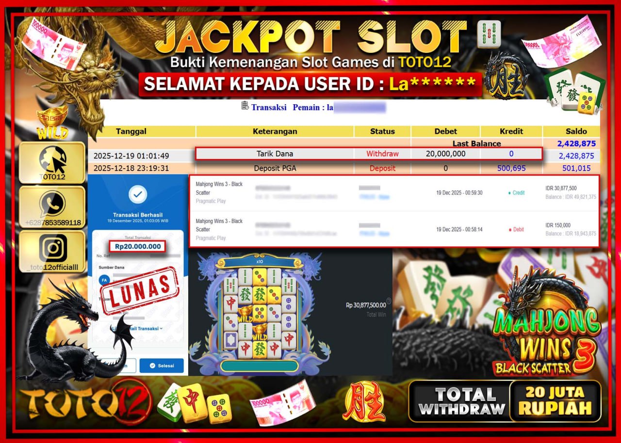 HANYA DI TOTO12 JP PASTI DI BAYAR LUNAS DAN CEPAT!!!!!! JACKPOT SLOT GAME (MAHJONG WINS 3 BLACK SCATTER) Rp.20.000.000 !!!!