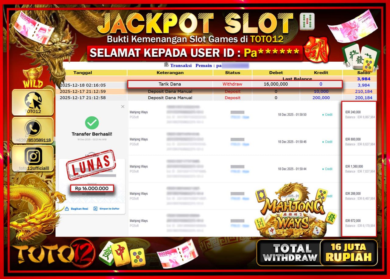 HANYA DI TOTO12 JP PASTI DI BAYAR LUNAS DAN CEPAT!!!!!! JACKPOT SLOT GAME (MAHJONG WAYS) Rp.16.000.000 !!!!