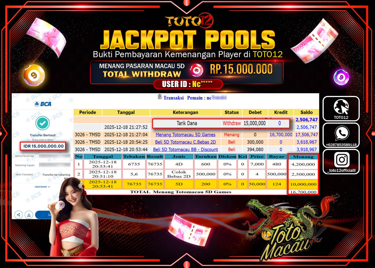 HANYA DI TOTO12 JP PASTI DI BAYAR LUNAS DAN CEPAT!!!!!! JACKPOT POOLS PASARAN (MACAU 5D) Rp.15.000.000 !!!!