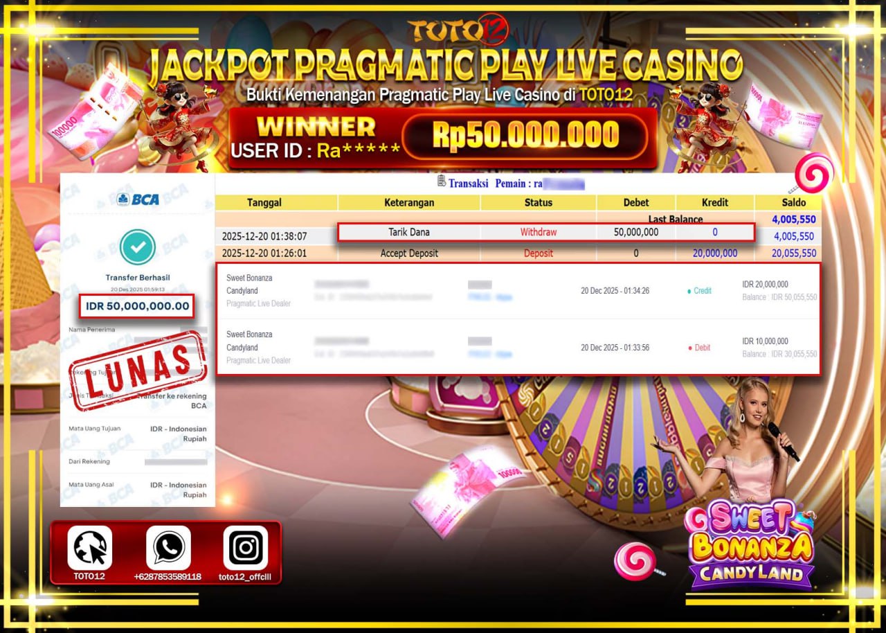 HANYA DI TOTO12 JP PASTI DI BAYAR LUNAS DAN CEPAT!!!!!! JACKPOT PRAGMATIC PLAY LIVE CASINO (SWEET BONANZA CANDYLAND) Rp.50.000.000 !!!!