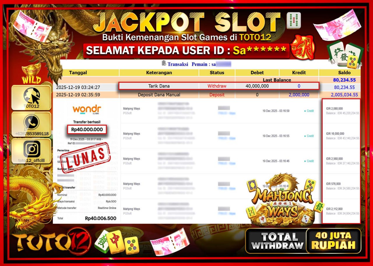 HANYA DI TOTO12 JP PASTI DI BAYAR LUNAS DAN CEPAT!!!!!! JACKPOT SLOT GAME (MAHJONG WAYS) Rp.40.000.000 !!!!