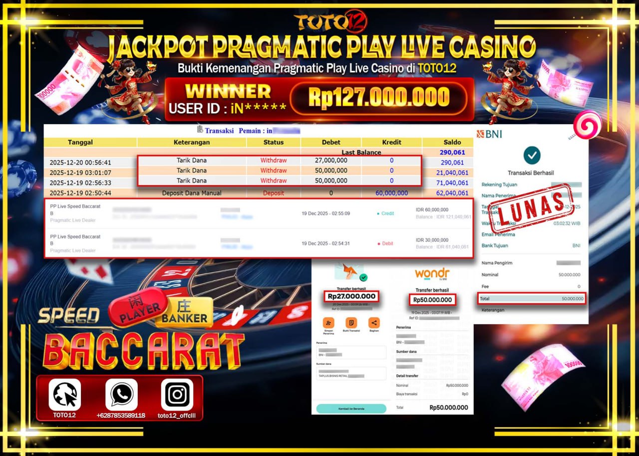 HANYA DI TOTO12 JP PASTI DI BAYAR LUNAS DAN CEPAT!!!!!! JACKPOT PRAGMATIC PLAY LIVE CASINO (SPEED BACCARAT) Rp.127.000.000 !!!!