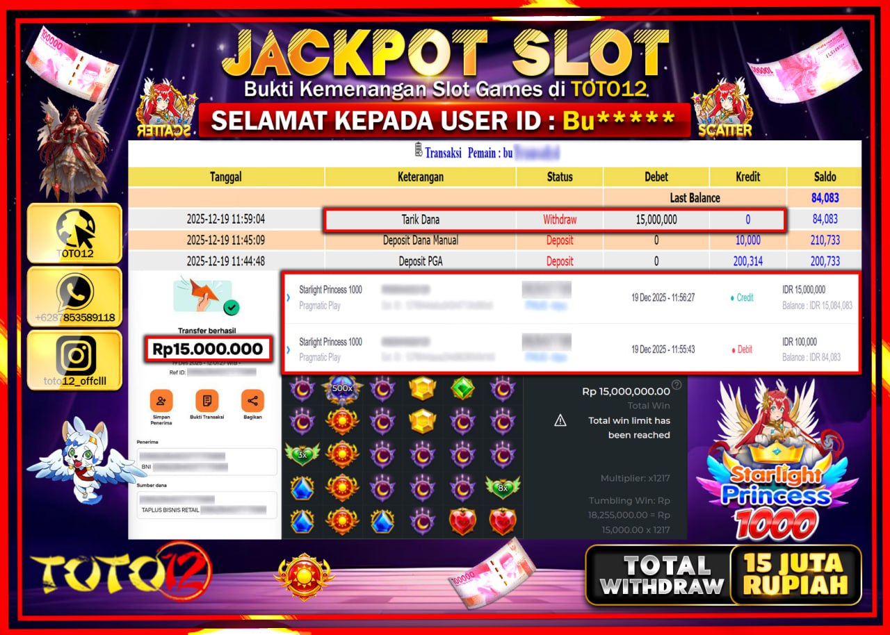 HANYA DI TOTO12 JP PASTI DI BAYAR LUNAS DAN CEPAT!!!!!! JACKPOT SLOT GAME (STARLIGHT PRINCESS 1000) Rp.15.000.000 !!!!