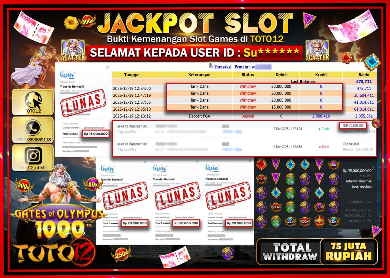 HANYA DI TOTO12 JP PASTI DI BAYAR LUNAS DAN CEPAT!!!!!! JACKPOT SLOT GAME (GATES OF OLYMPUS 1000) Rp.75.000.000 !!!!