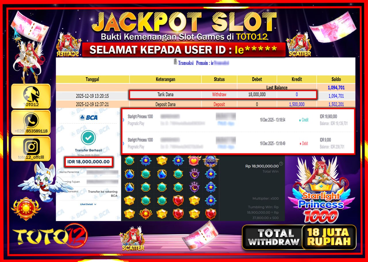 HANYA DI TOTO12 JP PASTI DI BAYAR LUNAS DAN CEPAT!!!!!! JACKPOT SLOT GAME (STARLIGHT PRINCESS 1000) Rp.18.000.000 !!!!