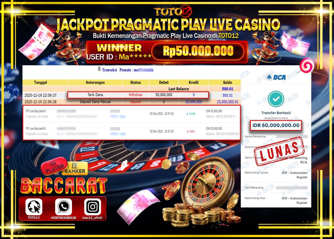 HANYA DI TOTO12 JP PASTI DI BAYAR LUNAS DAN CEPAT!!!!!! JACKPOT PRAGMATIC PLAY LIVE CASINO (LIVE BACCARAT) Rp.50.000.000 !!!!
