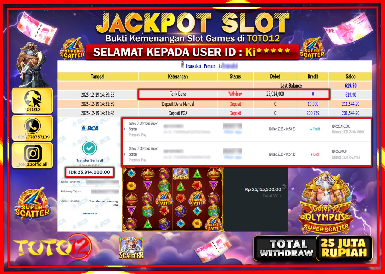 HANYA DI TOTO12 JP PASTI DI BAYAR LUNAS DAN CEPAT!!!!!! JACKPOT SLOT GAME (GATES OF OLYMPUS SUPER SCATTER) Rp.25.914.000 !!!!