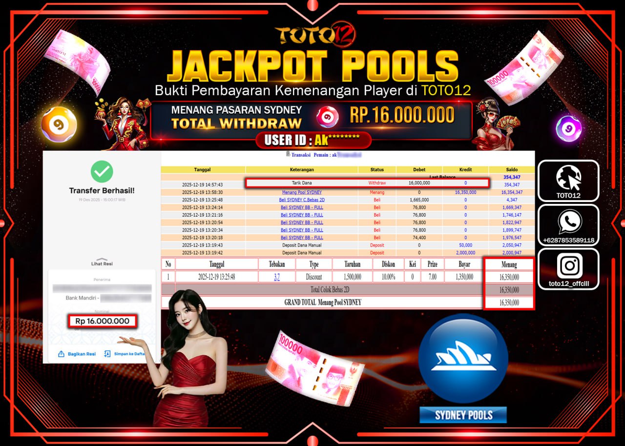 HANYA DI TOTO12 JP PASTI DI BAYAR LUNAS DAN CEPAT!!!!!! JACKPOT POOLS PASARAN (SYDNEY) Rp.16.000.000 !!!!