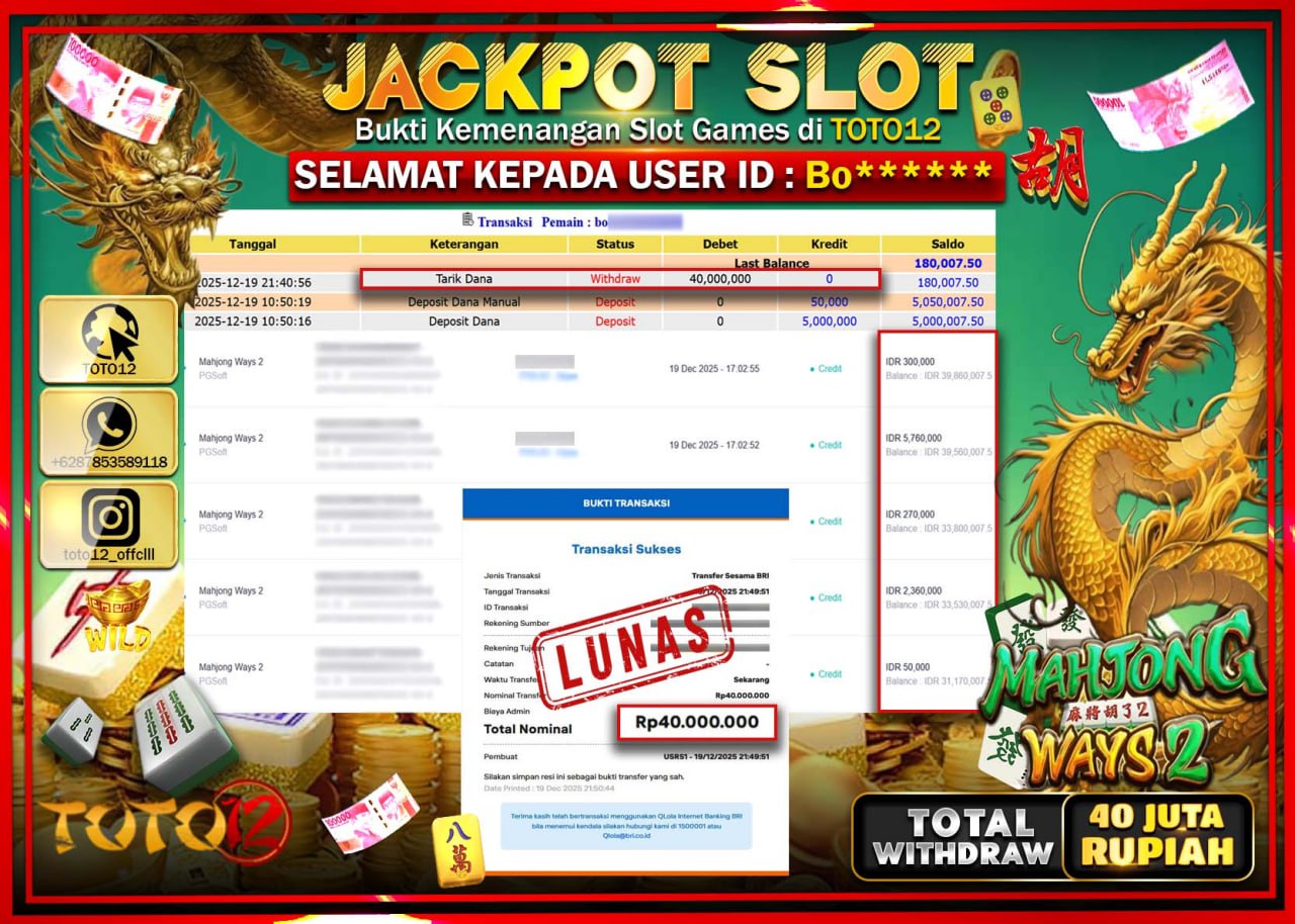 HANYA DI TOTO12 JP PASTI DI BAYAR LUNAS DAN CEPAT!!!!!! JACKPOT SLOT GAME (MAHJONG WAYS 2) Rp.40.000.000 !!!!
