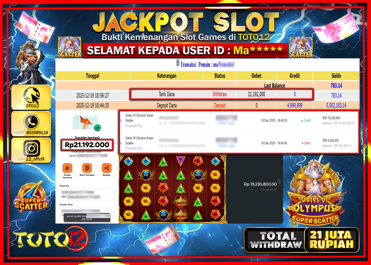 HANYA DI TOTO12 JP PASTI DI BAYAR LUNAS DAN CEPAT!!!!!! JACKPOT SLOT GAME (GATES OF OLYMPUS SUPER SCATTER) Rp.21.192.000 !!!!