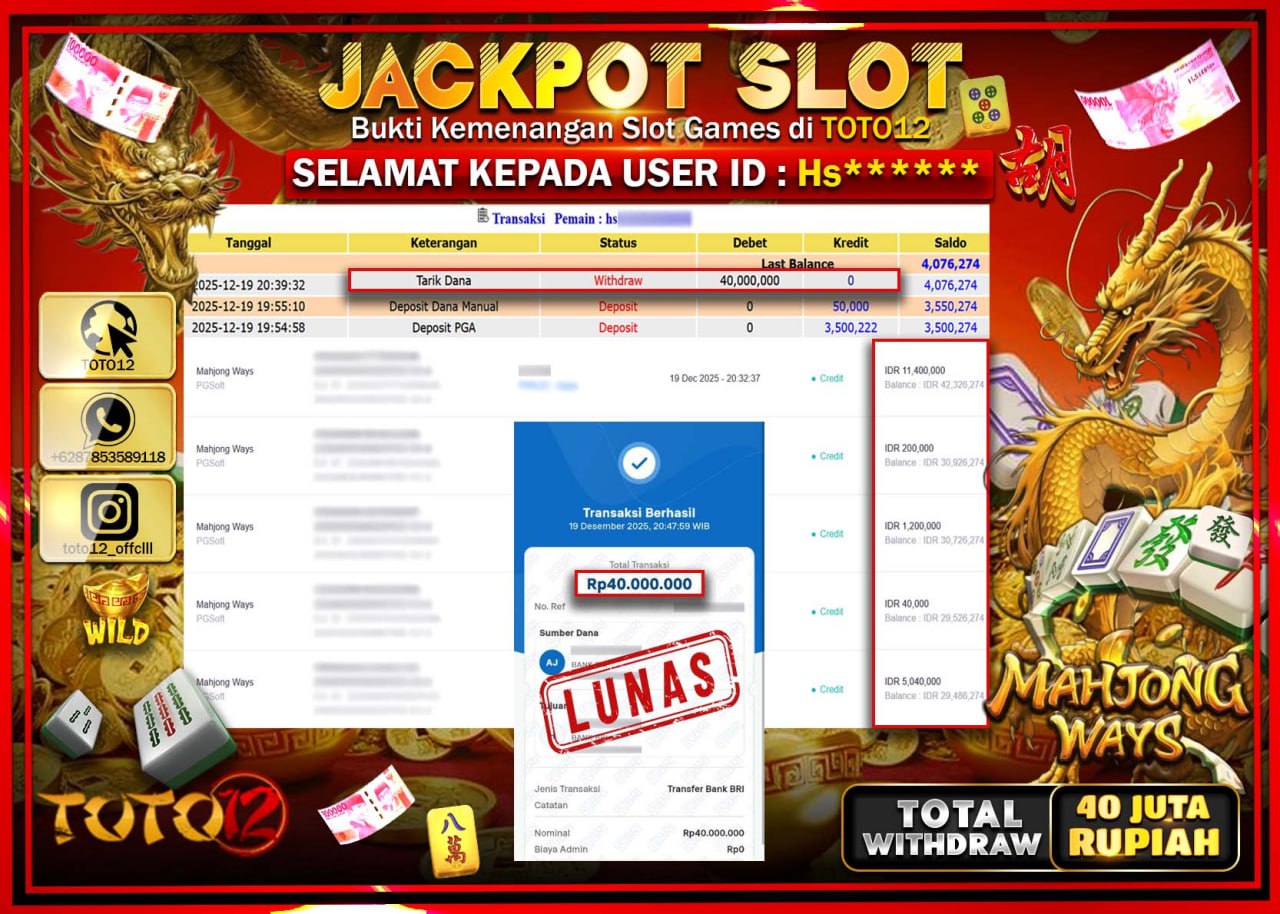 HANYA DI TOTO12 JP PASTI DI BAYAR LUNAS DAN CEPAT!!!!!! JACKPOT SLOT GAME (MAHJONG WAYS) Rp.40.000.000 !!!!