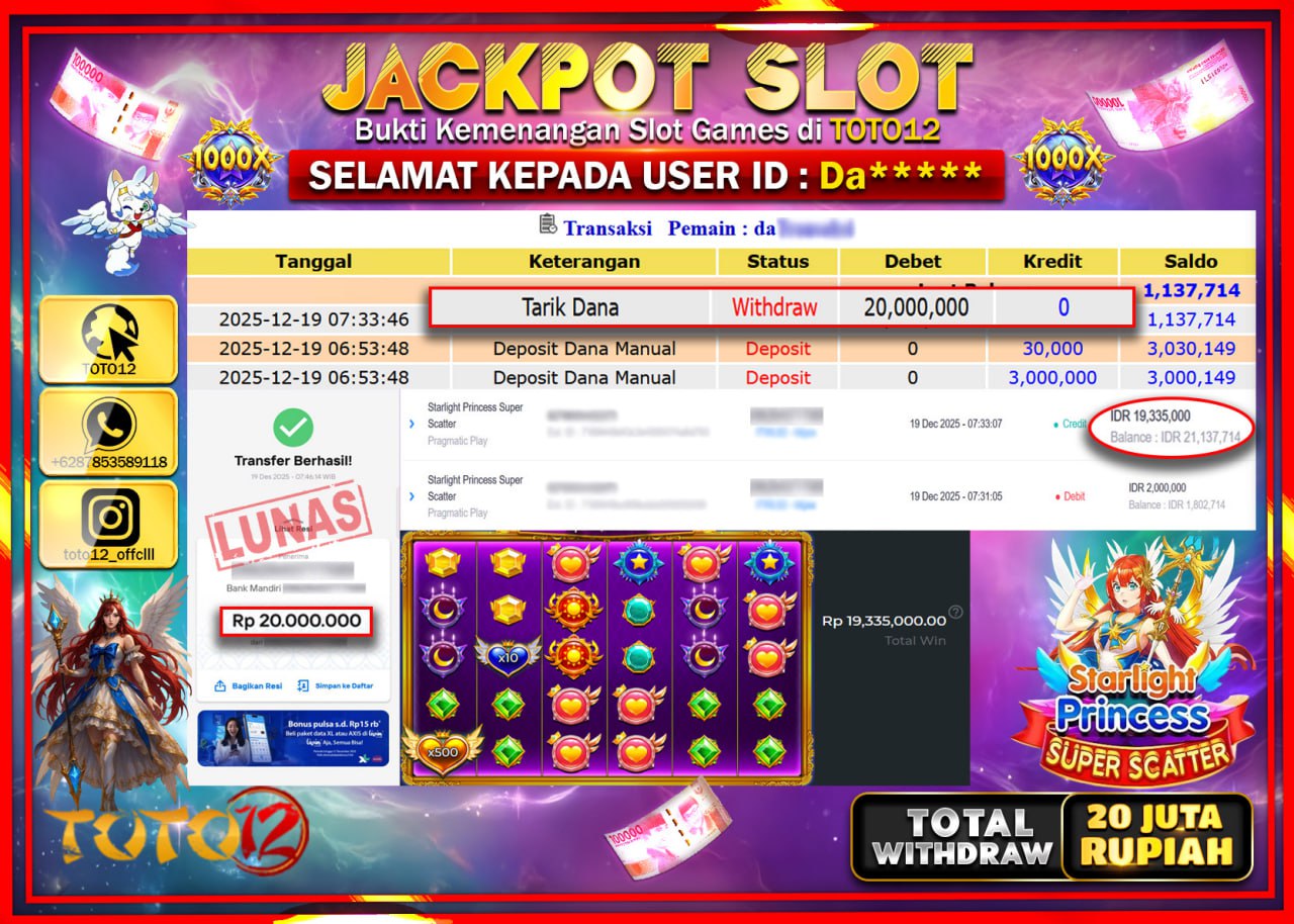 HANYA DI TOTO12 JP PASTI DI BAYAR LUNAS DAN CEPAT!!!!!! JACKPOT SLOT GAME (STARLIGHT PRINCESS SUPER SCATTER) Rp.20.000.000 !!!!