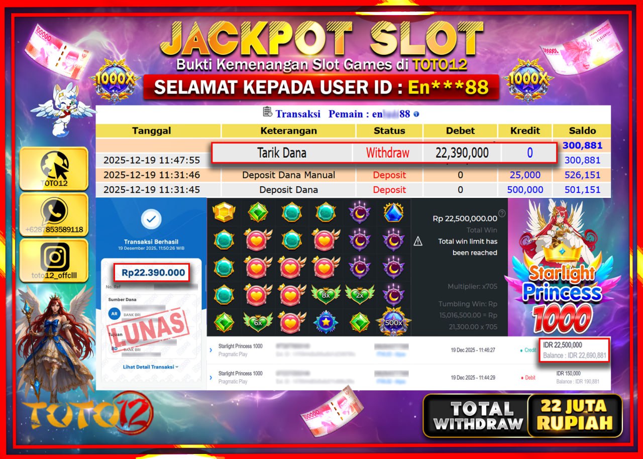HANYA DI TOTO12 JP PASTI DI BAYAR LUNAS DAN CEPAT!!!!!! JACKPOT SLOT GAME (STARLIGHT PRINCESS 1000) Rp.22.390.000 !!!!