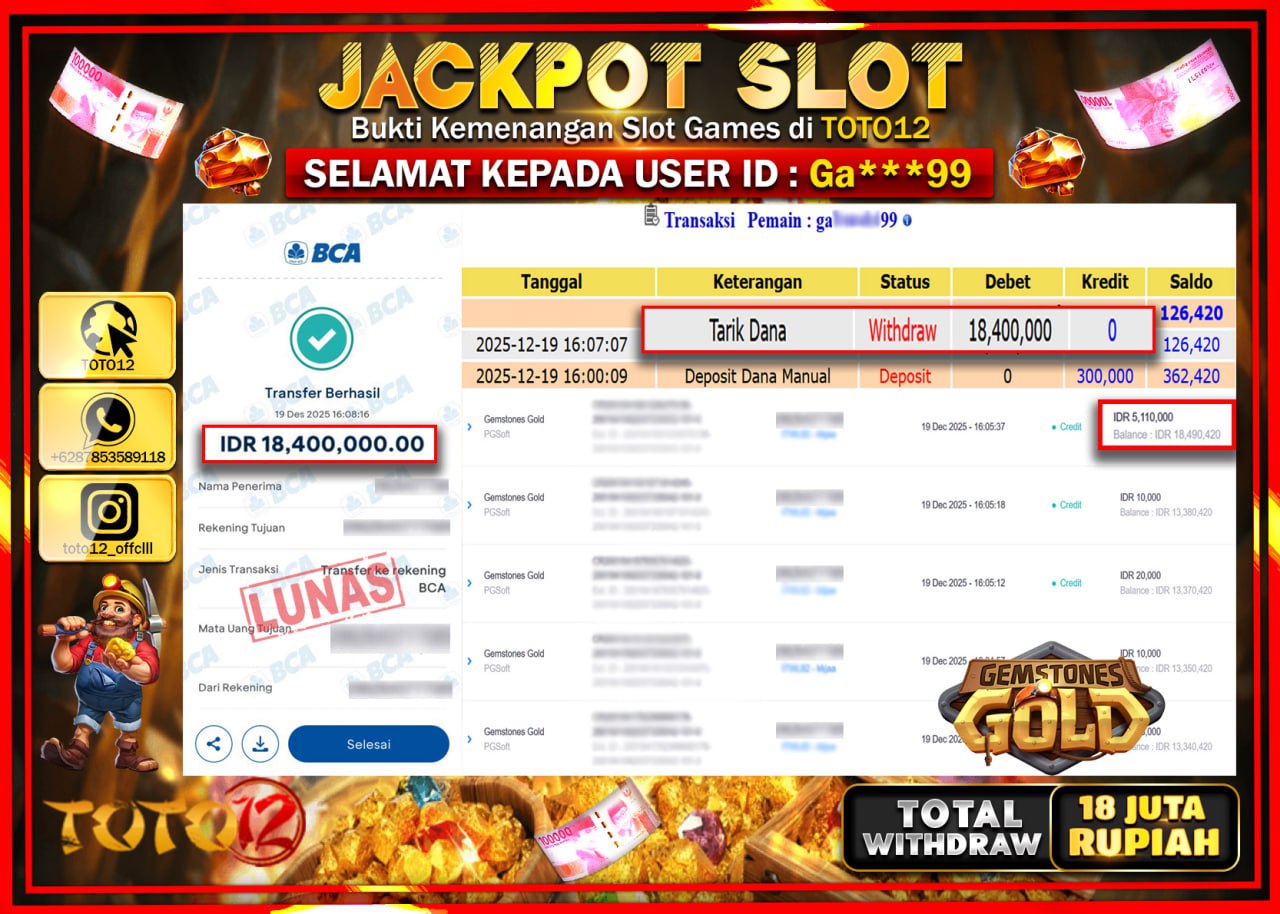 HANYA DI TOTO12 JP PASTI DI BAYAR LUNAS DAN CEPAT!!!!!! JACKPOT SLOT GAME (GEMSTONES GOLD) Rp.18.400.000 !!!!
