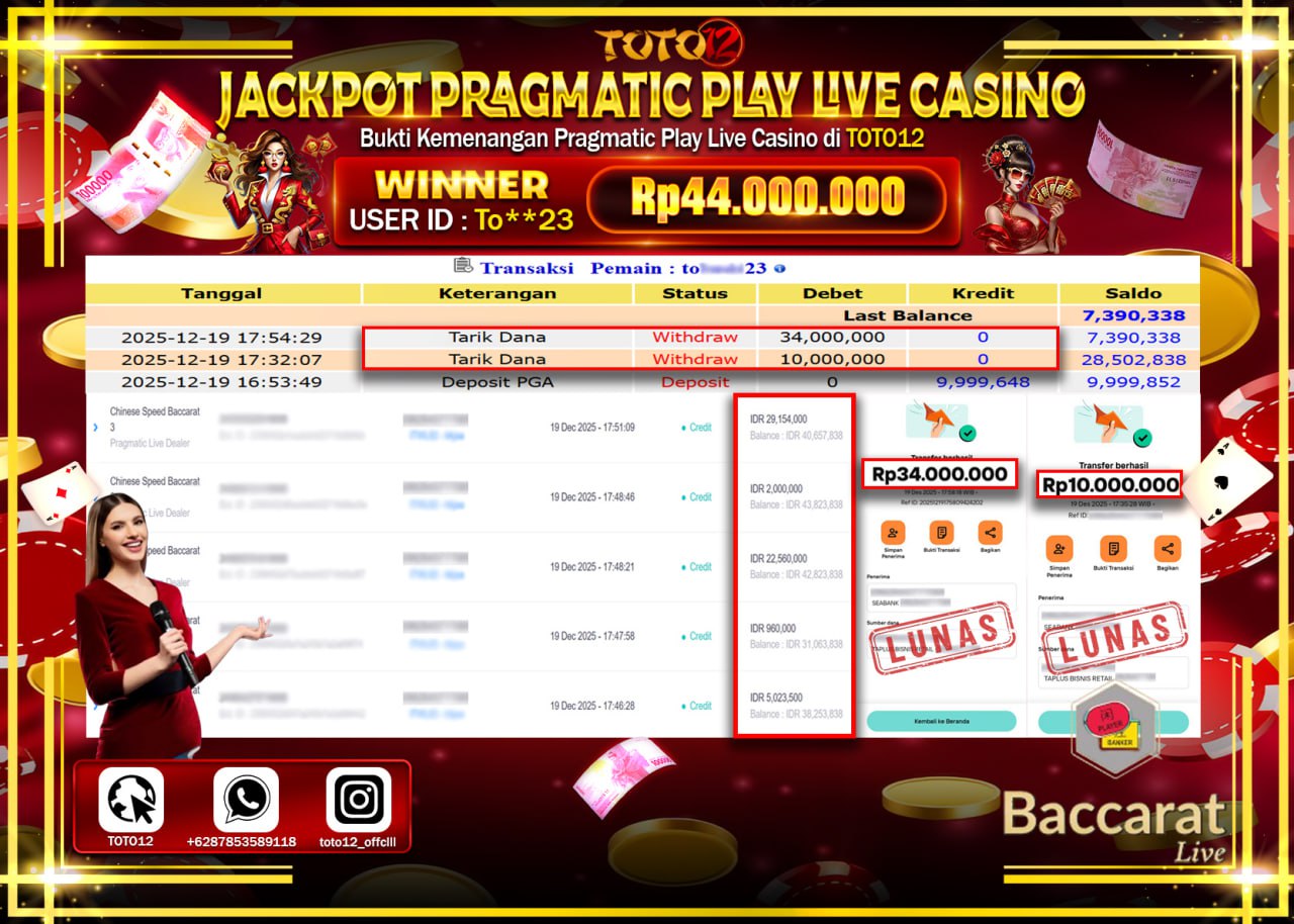 HANYA DI TOTO12 JP PASTI DI BAYAR LUNAS DAN CEPAT!!!!!! JACKPOT PRAGMATIC PLAY LIVE CASINO (SPEED BACCARAT 3) Rp.44.000.000 !!!!