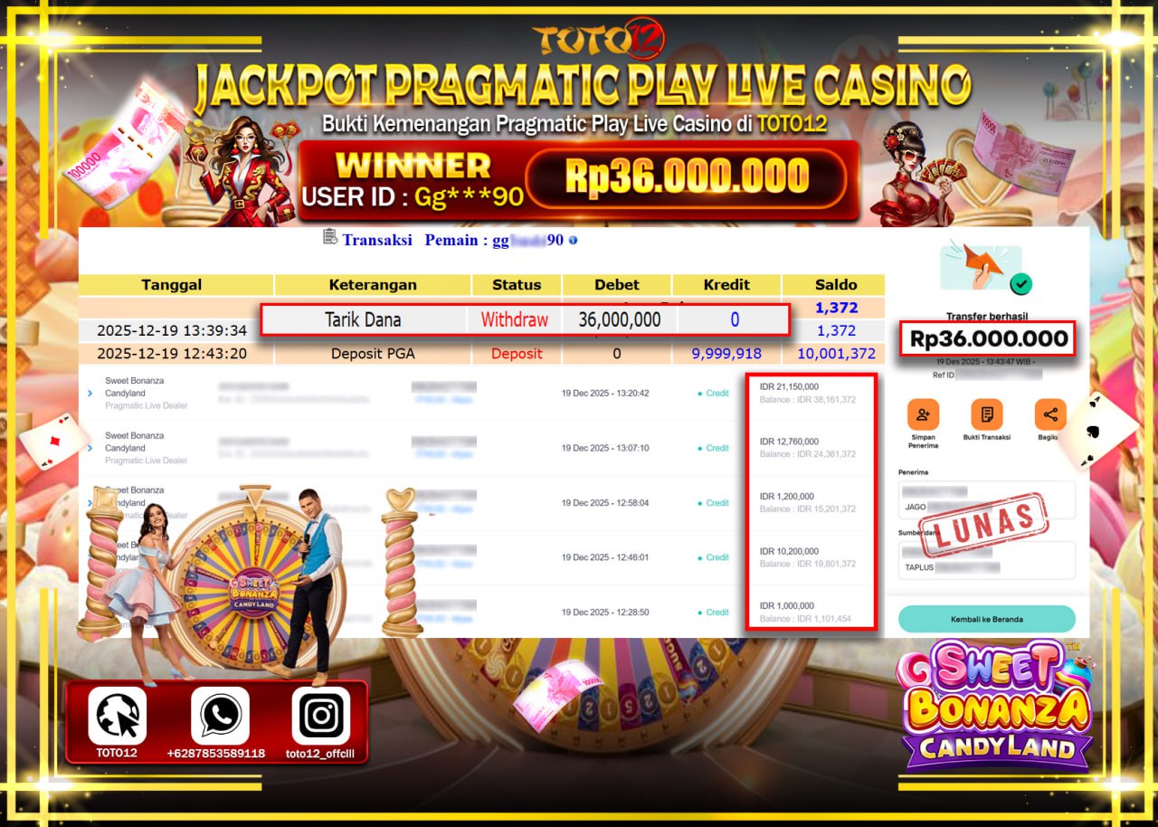 HANYA DI TOTO12 JP PASTI DI BAYAR LUNAS DAN CEPAT!!!!!! JACKPOT PRAGMATIC PLAY LIVE CASINO (SWEET BONANZA CANDYLAND) Rp.36.000.000 !!!!