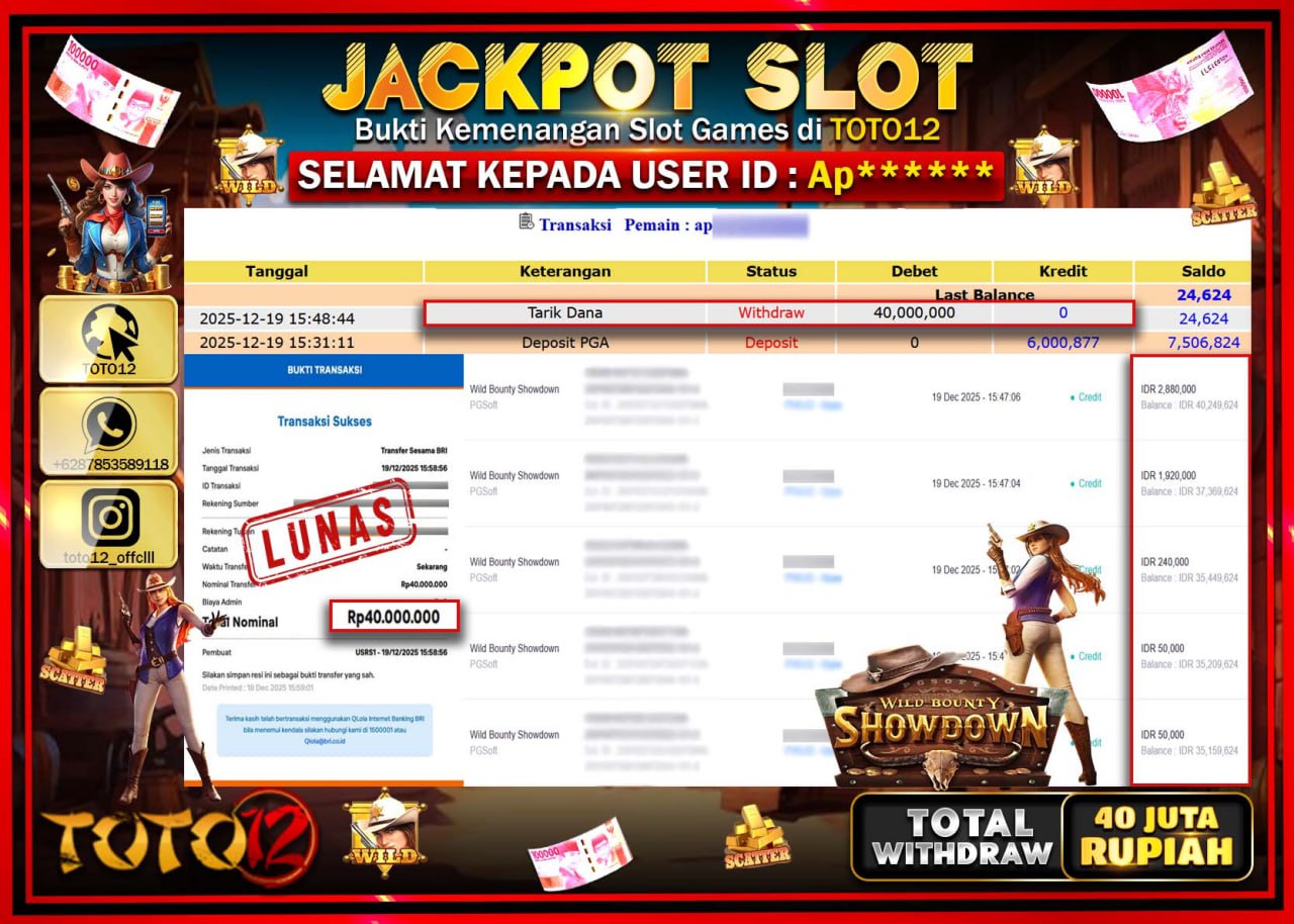 HANYA DI TOTO12 JP PASTI DI BAYAR LUNAS DAN CEPAT!!!!!! JACKPOT SLOT GAME (WILD BOUNTY SHOWDOWN) Rp.40.000.000 !!!!