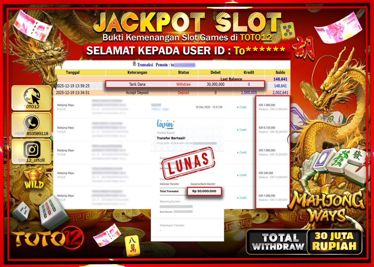 HANYA DI TOTO12 JP PASTI DI BAYAR LUNAS DAN CEPAT!!!!!! JACKPOT SLOT GAME (MAHJONG WAYS) Rp.30.000.000 !!!!