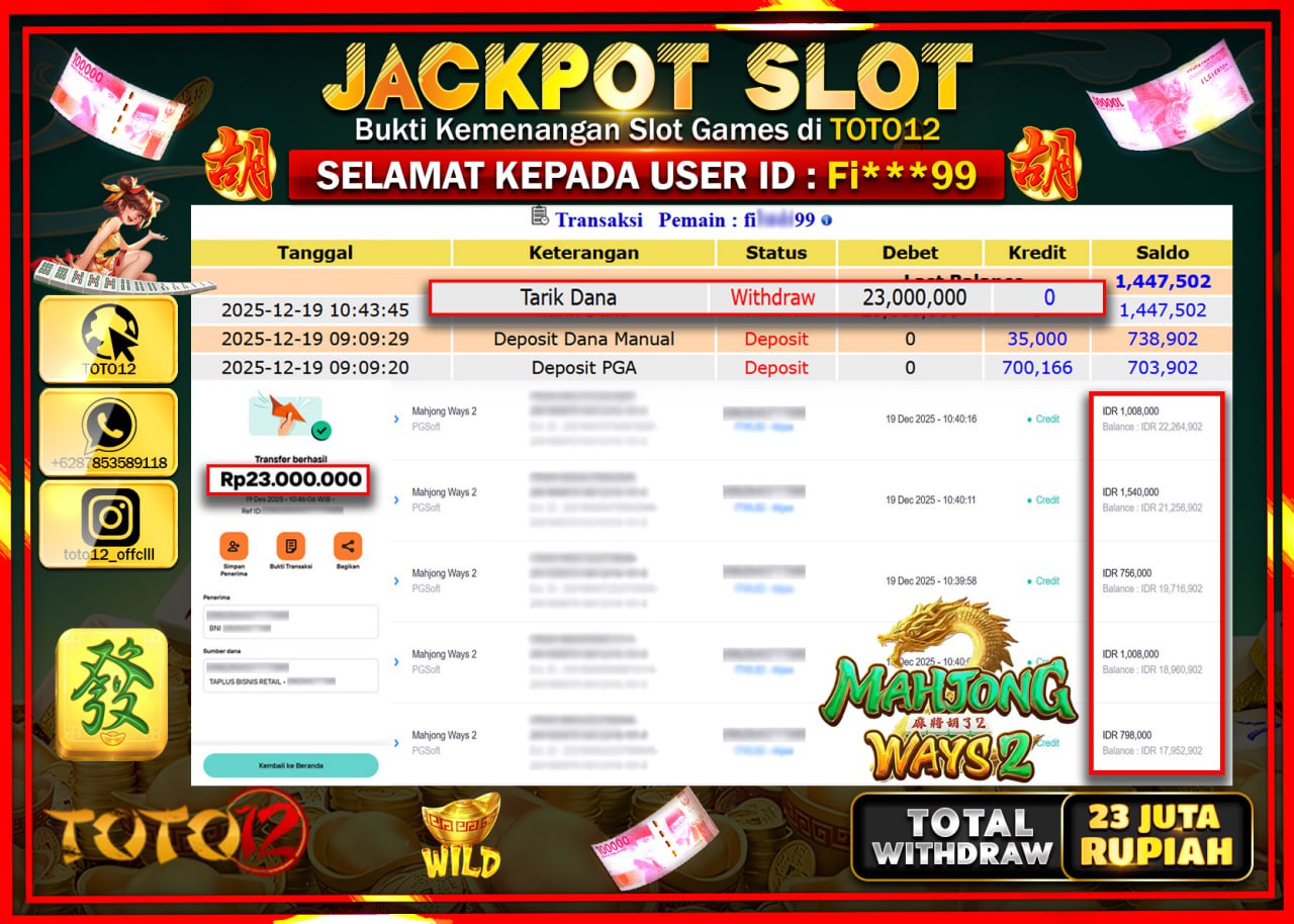 HANYA DI TOTO12 JP PASTI DI BAYAR LUNAS DAN CEPAT!!!!!! JACKPOT SLOT GAME (MAHJONG WAYS 2) Rp.23.000.000 !!!!