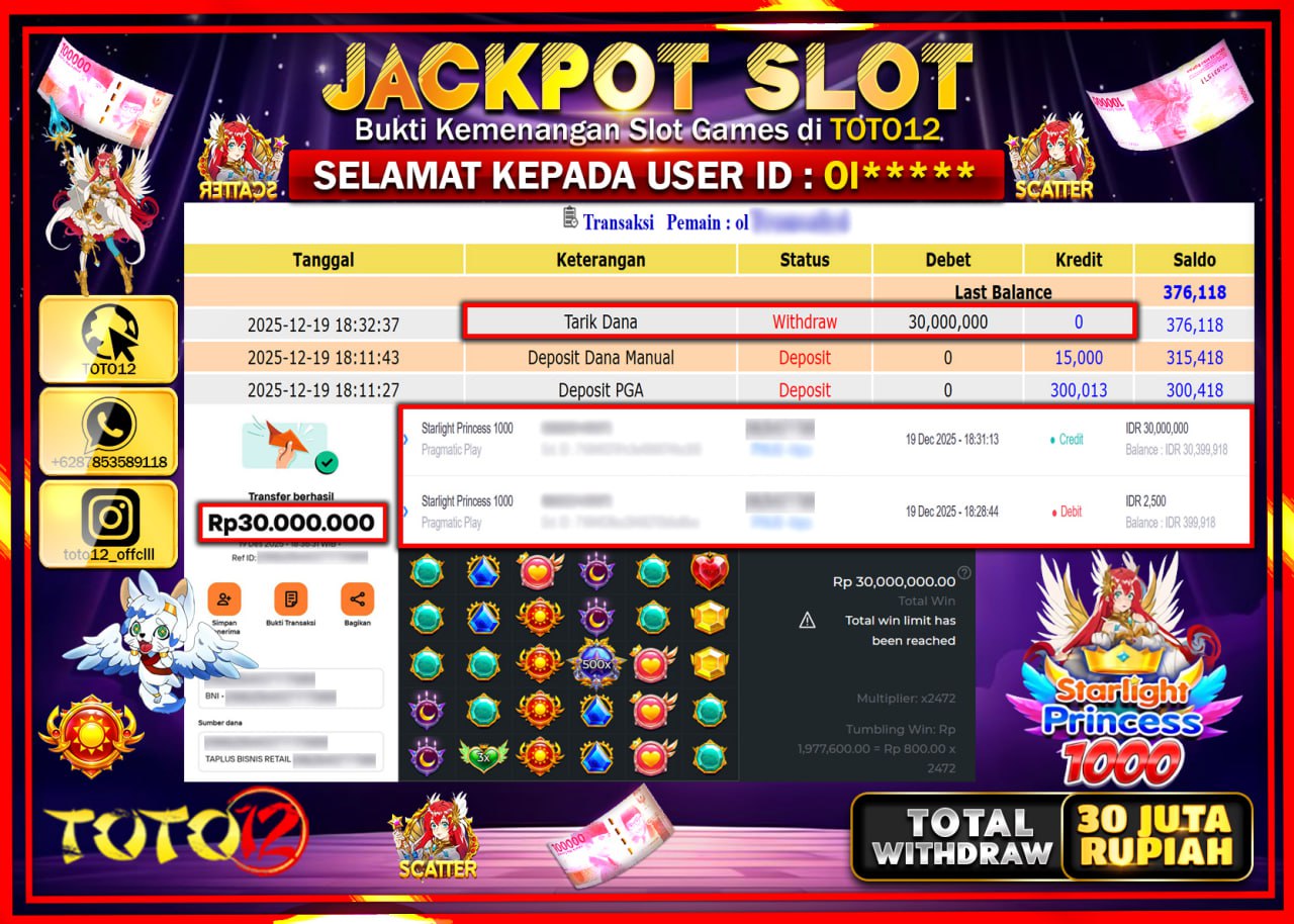 HANYA DI TOTO12 JP PASTI DI BAYAR LUNAS DAN CEPAT!!!!!! JACKPOT SLOT GAME (STARLIGHT PRINCESS 1000) Rp.30.000.000 !!!!