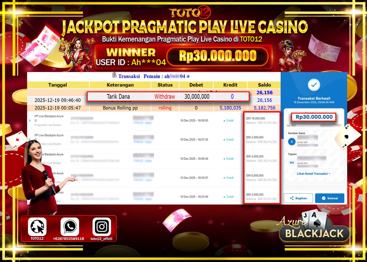 HANYA DI TOTO12 JP PASTI DI BAYAR LUNAS DAN CEPAT!!!!!! JACKPOT PRAGMATIC PLAY LIVE CASINO (BLAKCJACK AZURE) Rp.30.000.000 !!!!