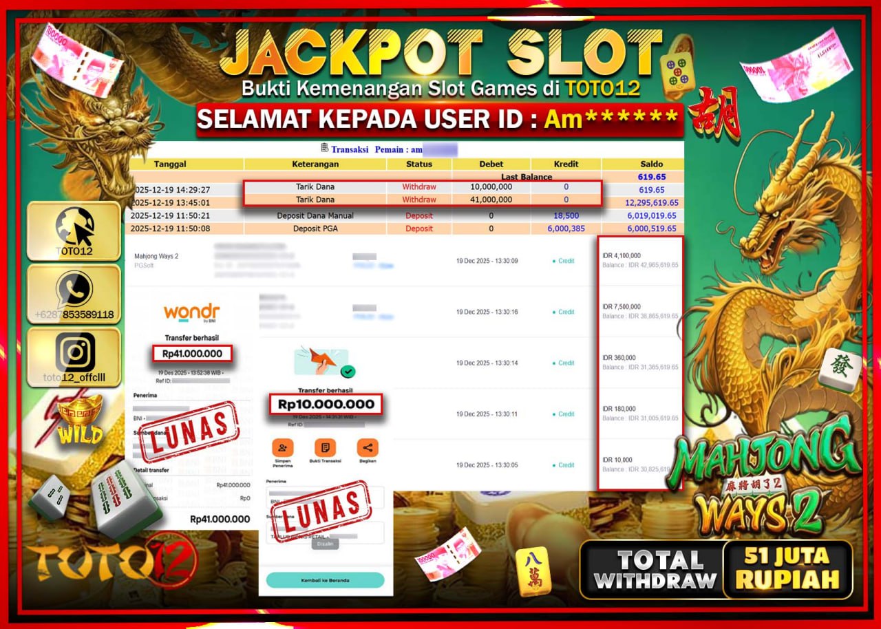 HANYA DI TOTO12 JP PASTI DI BAYAR LUNAS DAN CEPAT!!!!!! JACKPOT SLOT GAME (MAHJONG WAYS 2) Rp.51.000.000 !!!!